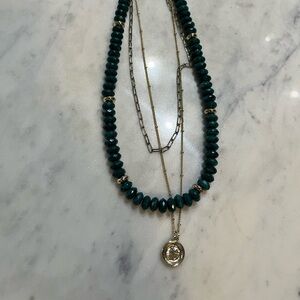 J Crew Triple Strand Chain and Green Bead Necklace